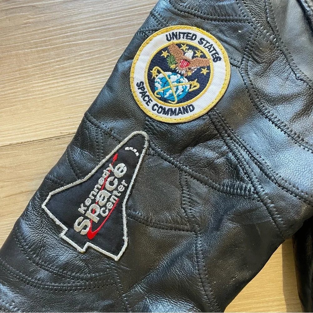 NASA Alpha Industries Black Leather Bomber Jacket. Size YM